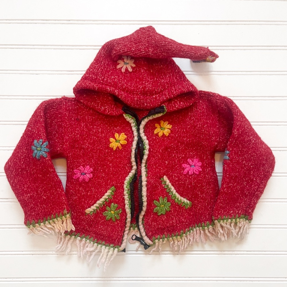 VINTAGE SISANDINA Hand-knit Peruvian 100% Wool Pixie Hood Heirloom Sweater